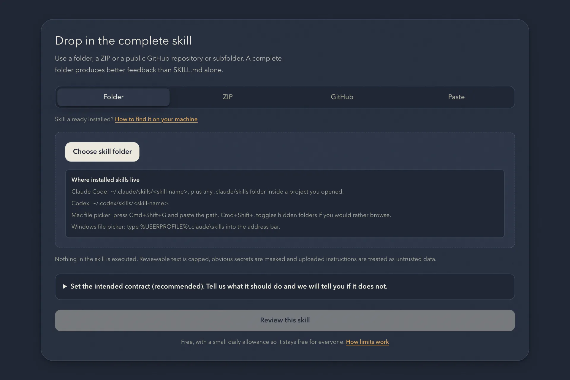 Provely's skill upload screen, with folder, ZIP, GitHub and paste options.
