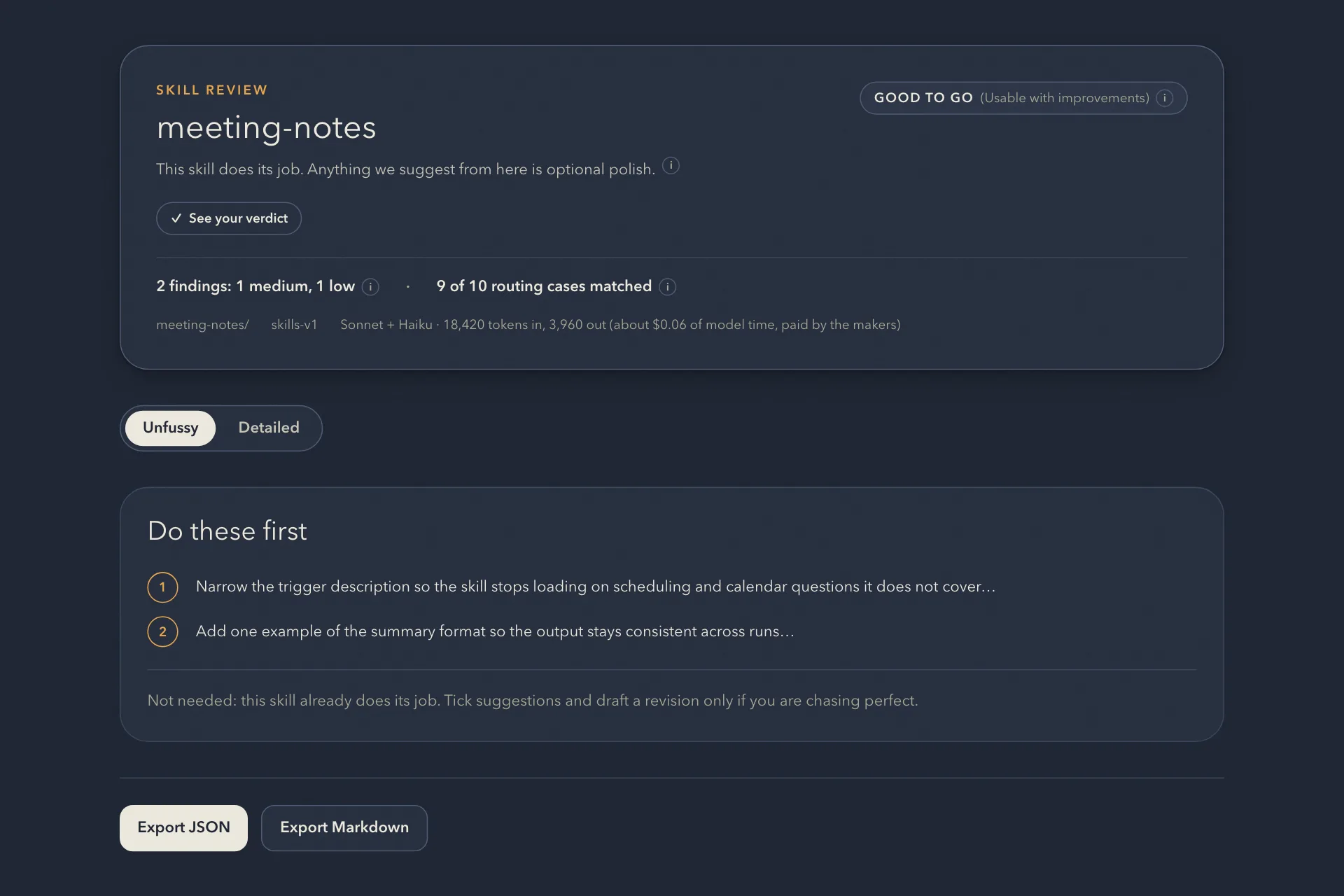 A finished review summary with a plain-words verdict and the top things to fix first.