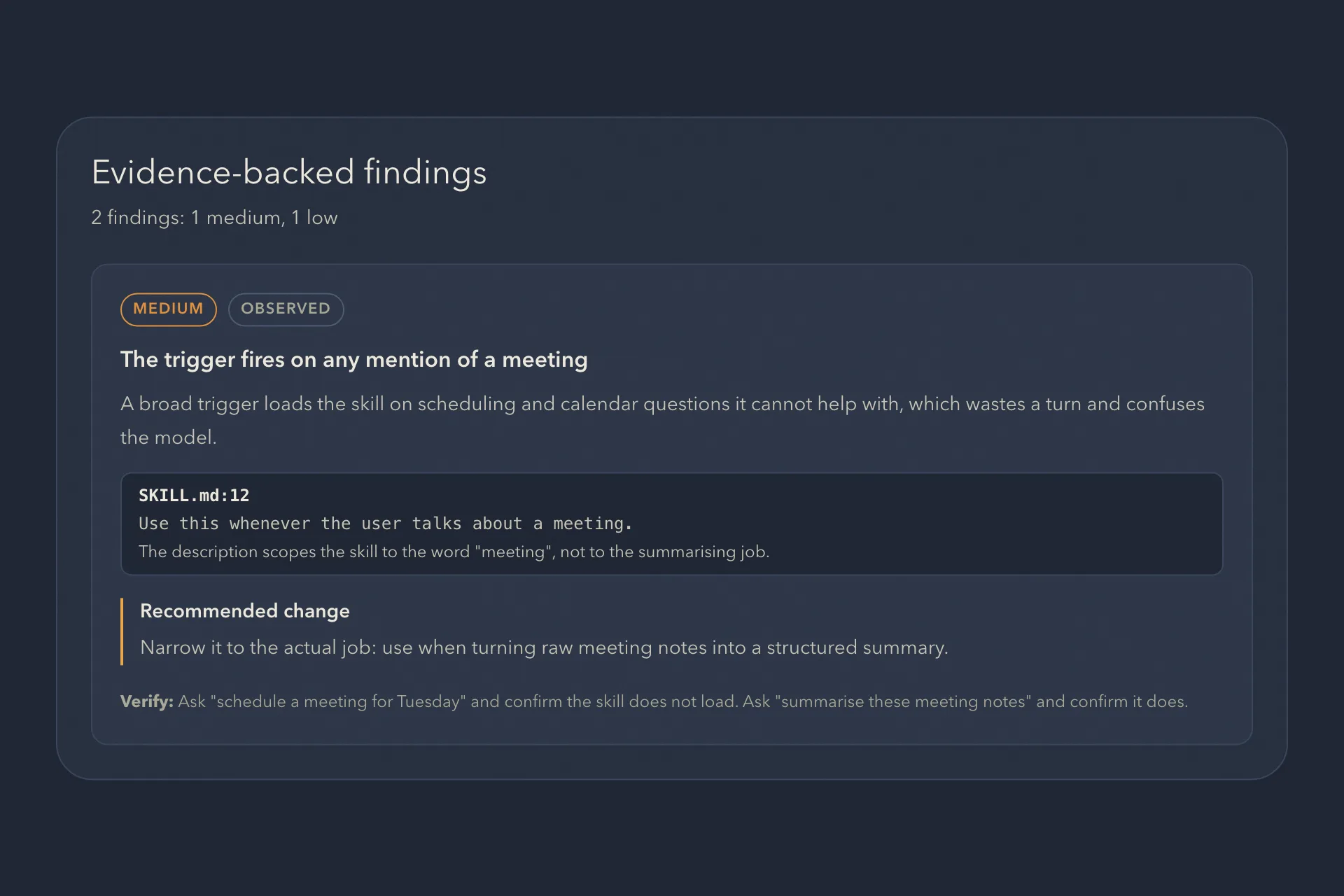 A review finding with its severity, the quoted line from SKILL.md and the recommended change.
