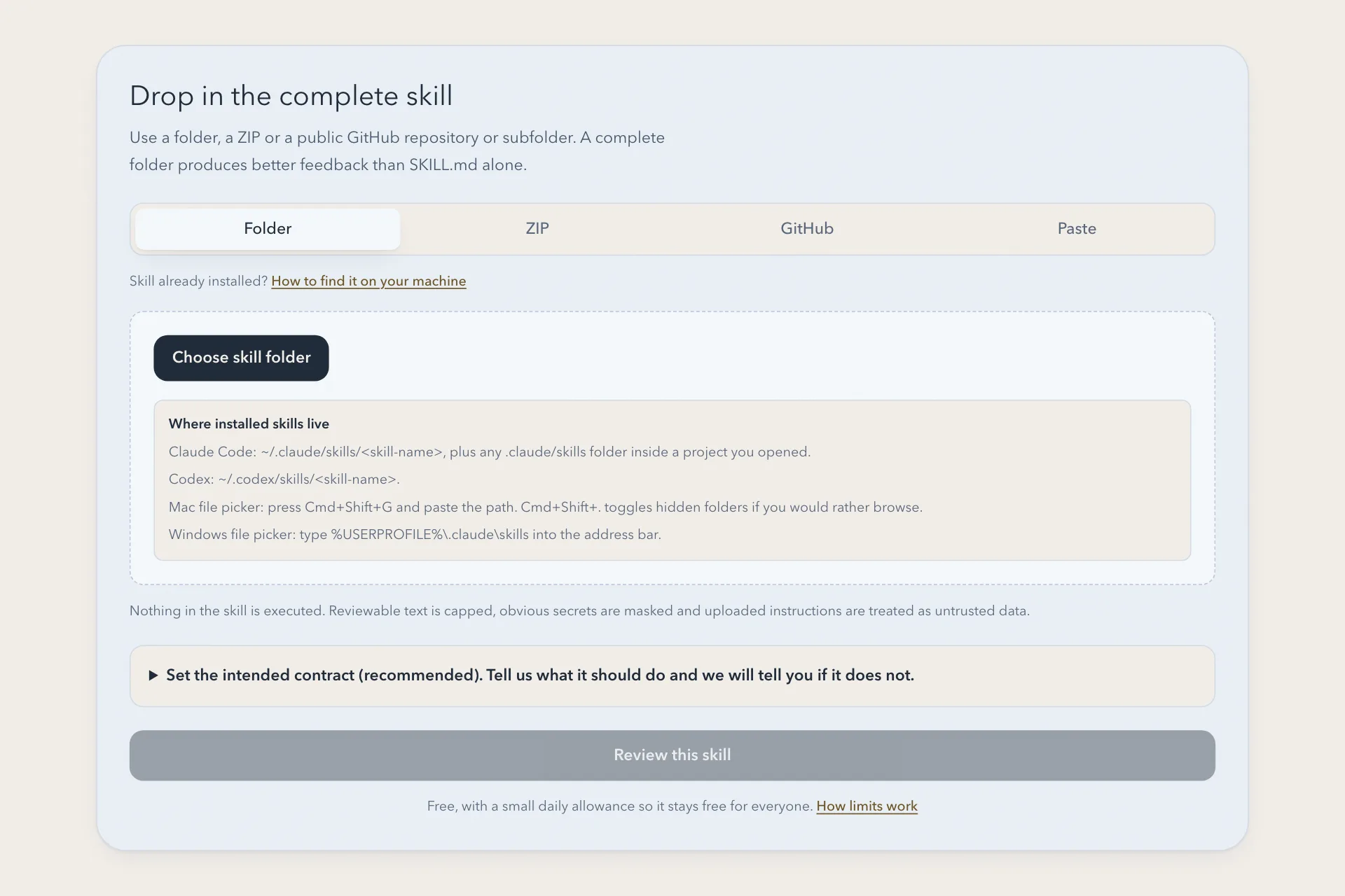 Provely's skill upload screen, with folder, ZIP, GitHub and paste options.