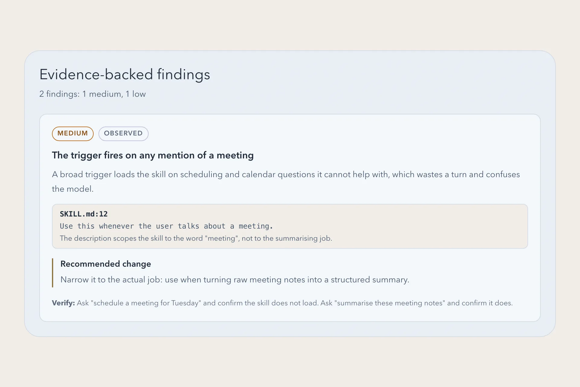 A review finding with its severity, the quoted line from SKILL.md and the recommended change.